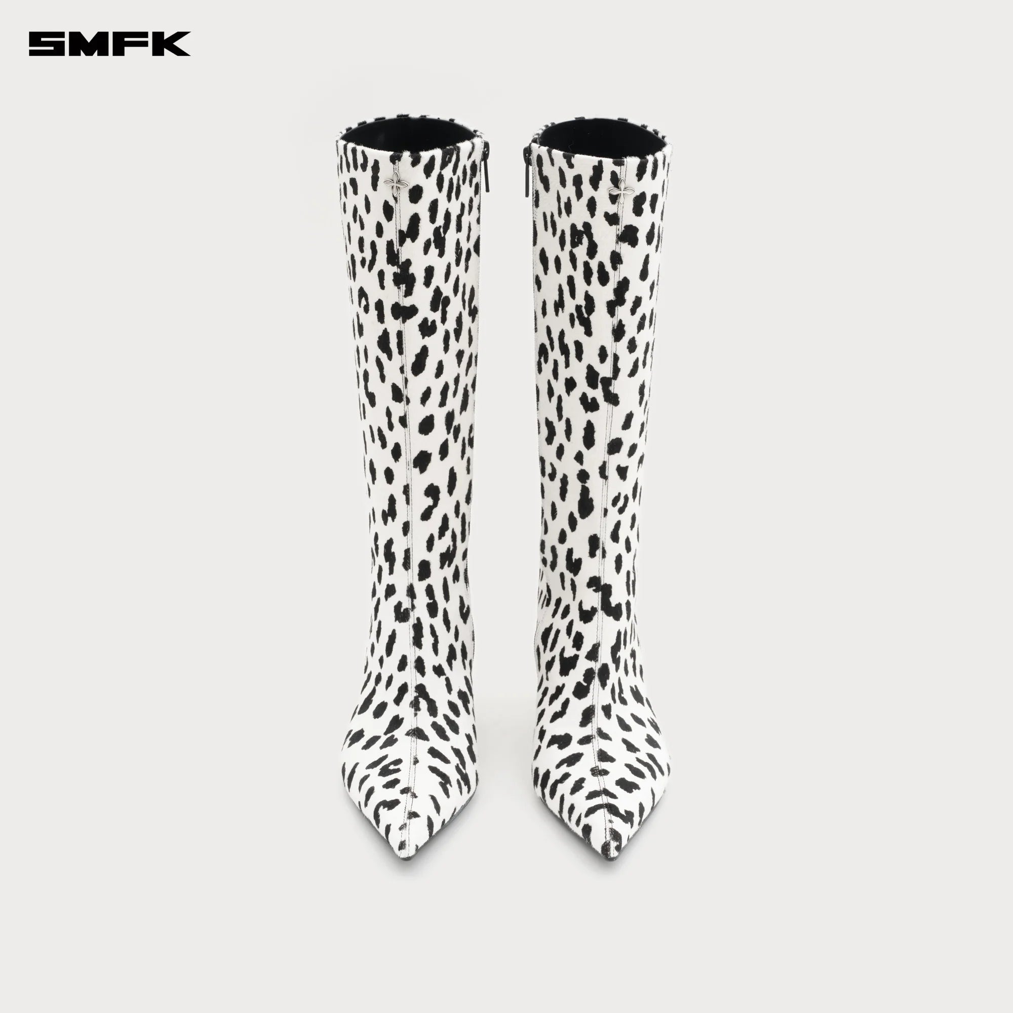 COMPASS RIVET Leather High Heel Boots White Leopard