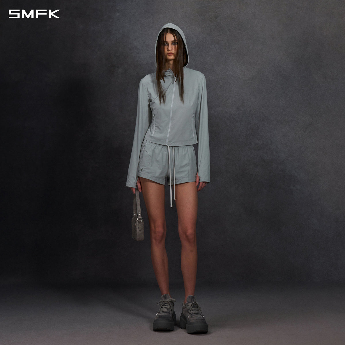 FOCUS OD SLIM ASYMMETRI-ZIP HOODIE/66 Nylon GLACIER GREY