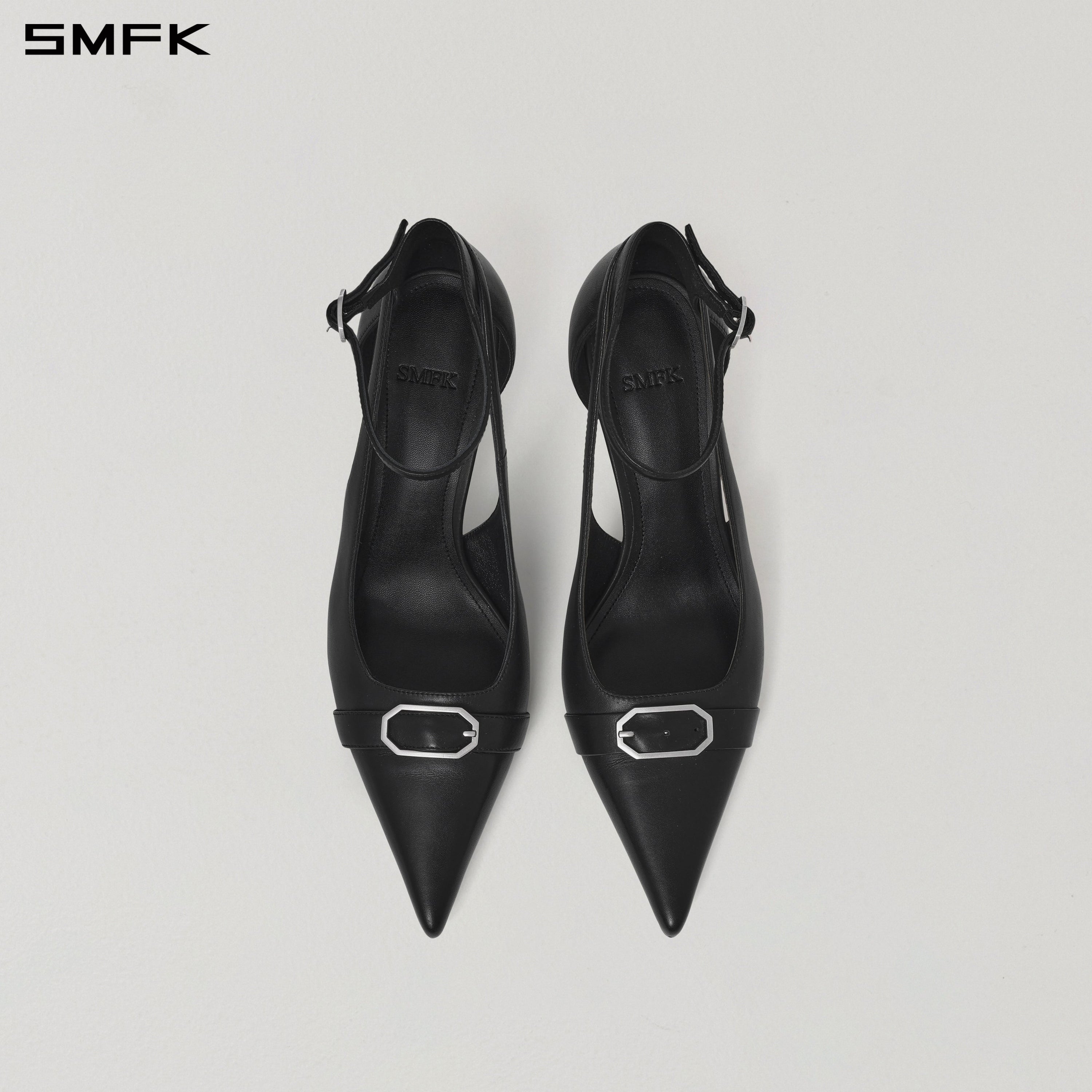 WINDOW BUCKLE DANCE HEELS/LEATHER-8cm WILD BLACK
