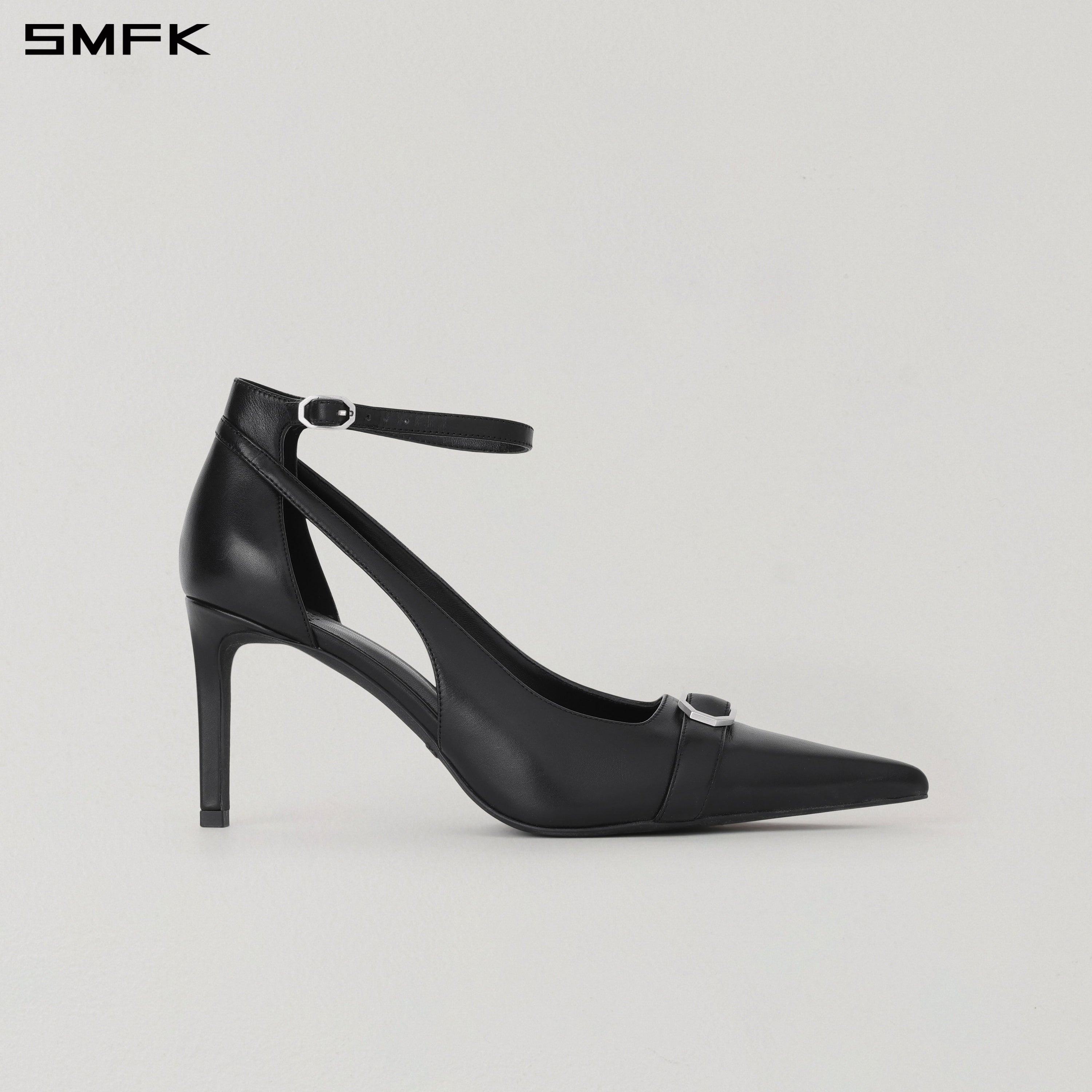 WINDOW BUCKLE DANCE HEELS/LEATHER-8cm WILD BLACK