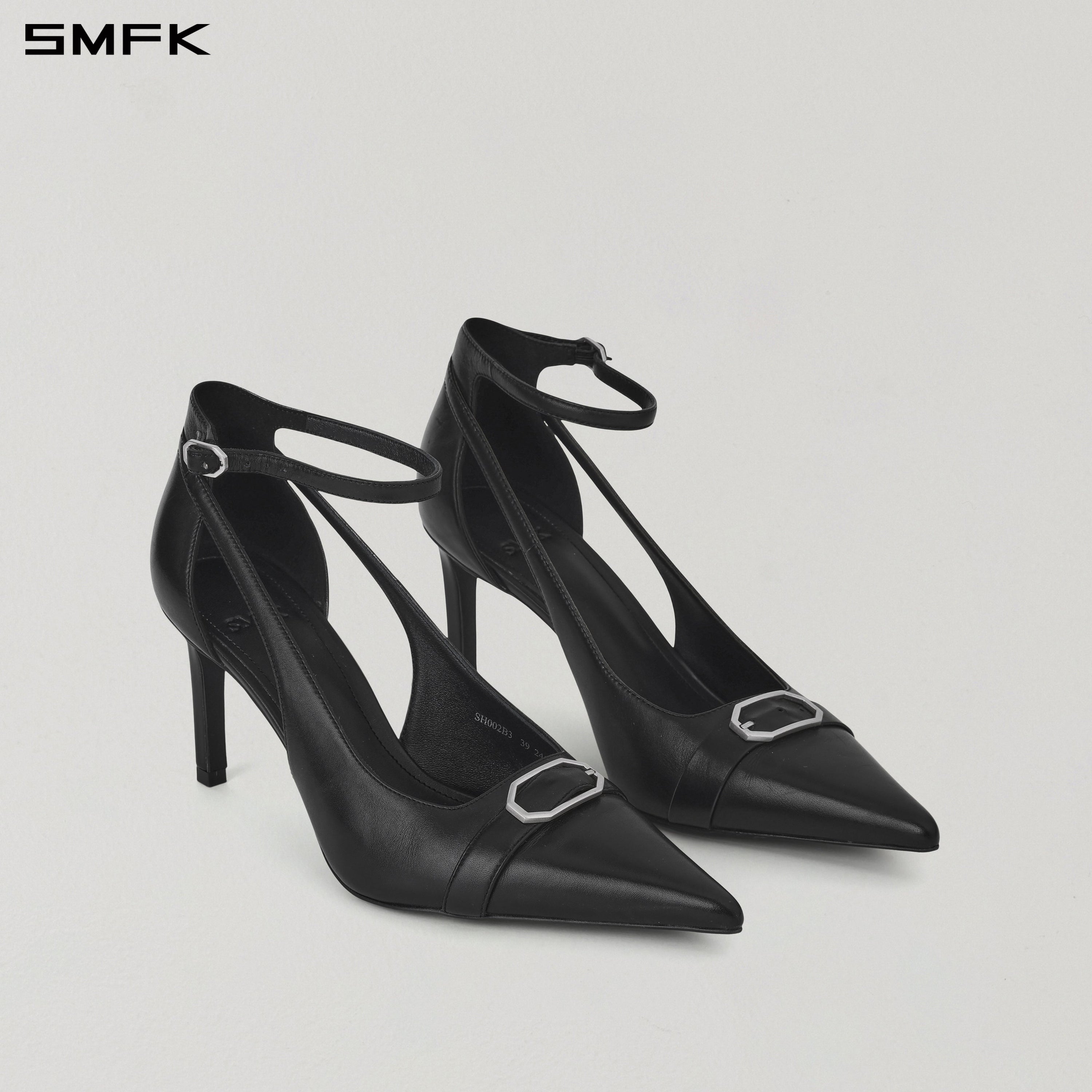 WINDOW BUCKLE DANCE HEELS/LEATHER-8cm WILD BLACK