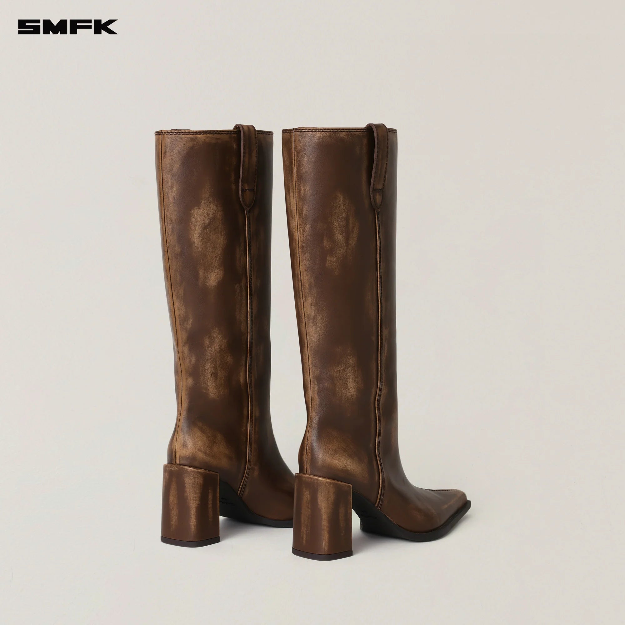 COMPASS BADGE SWORD LEATHER HIGH HEEL BOOTS WILD HORSE BROWN PATINA