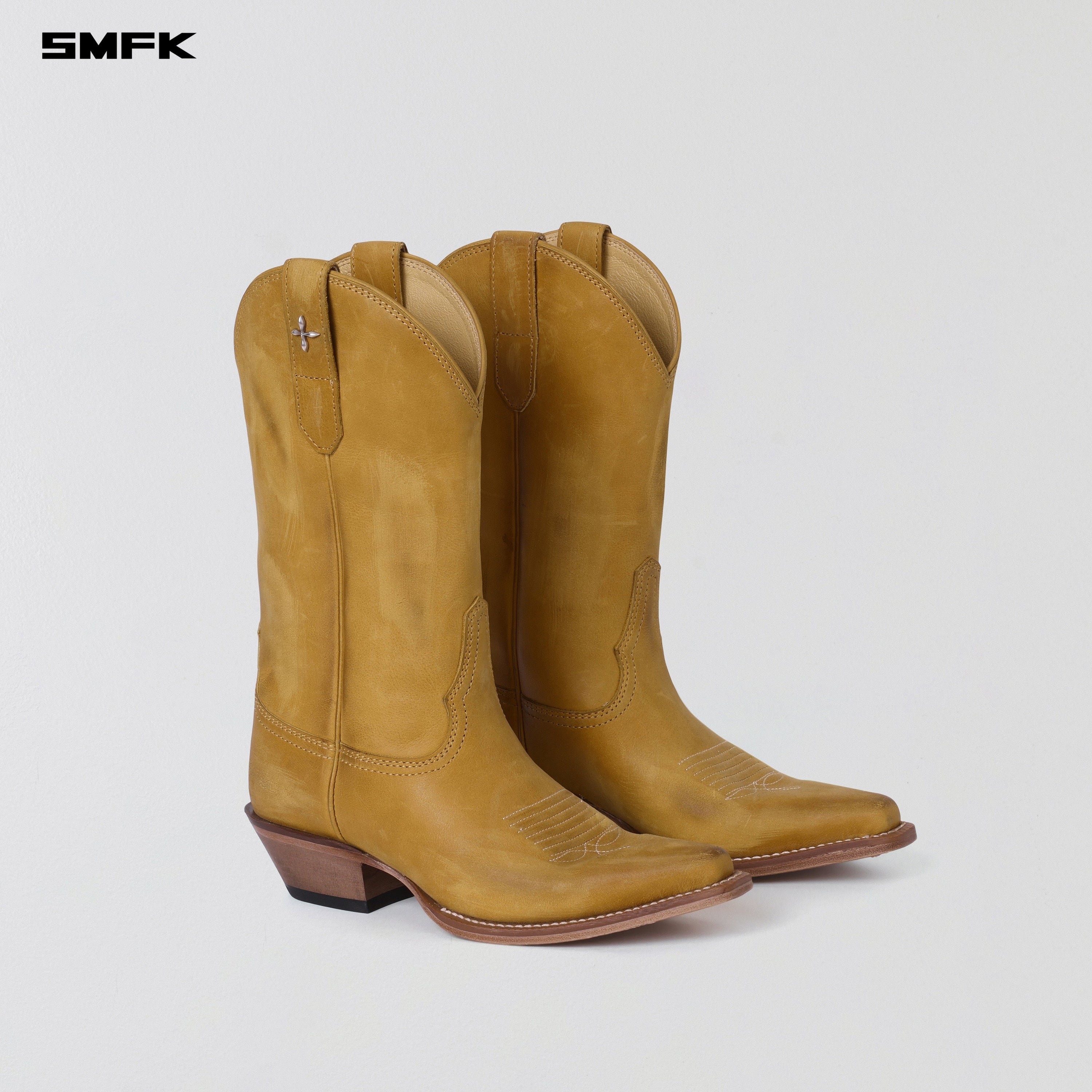 VINTAGE NOMADIC LEATHER COWBOY BOOTS/HANDMADE VELVET YELLOW