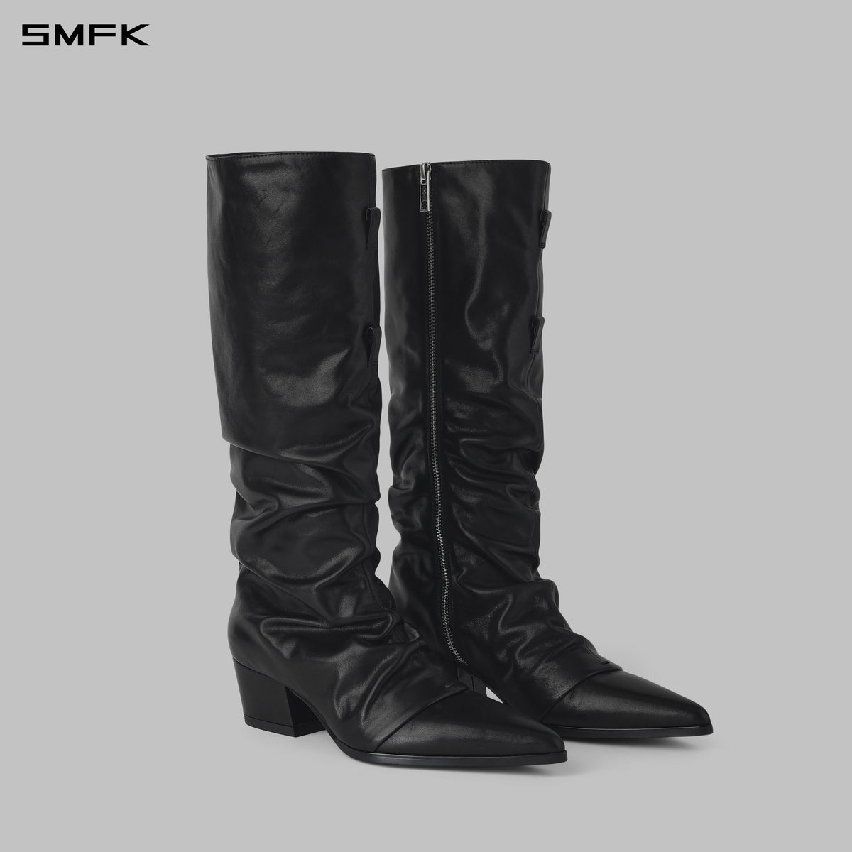WIZARD CREASE KNEE-HIGH THICK HEEL BOOTS/CALF/W WILD BLACK