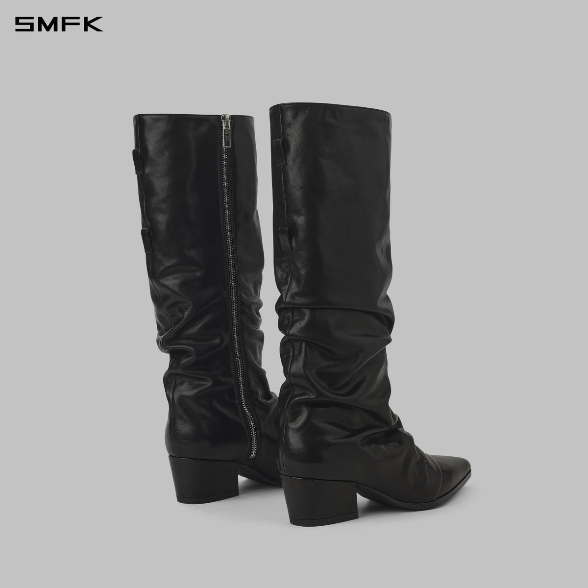 WIZARD CREASE KNEE-HIGH THICK HEEL BOOTS/CALF/W WILD BLACK