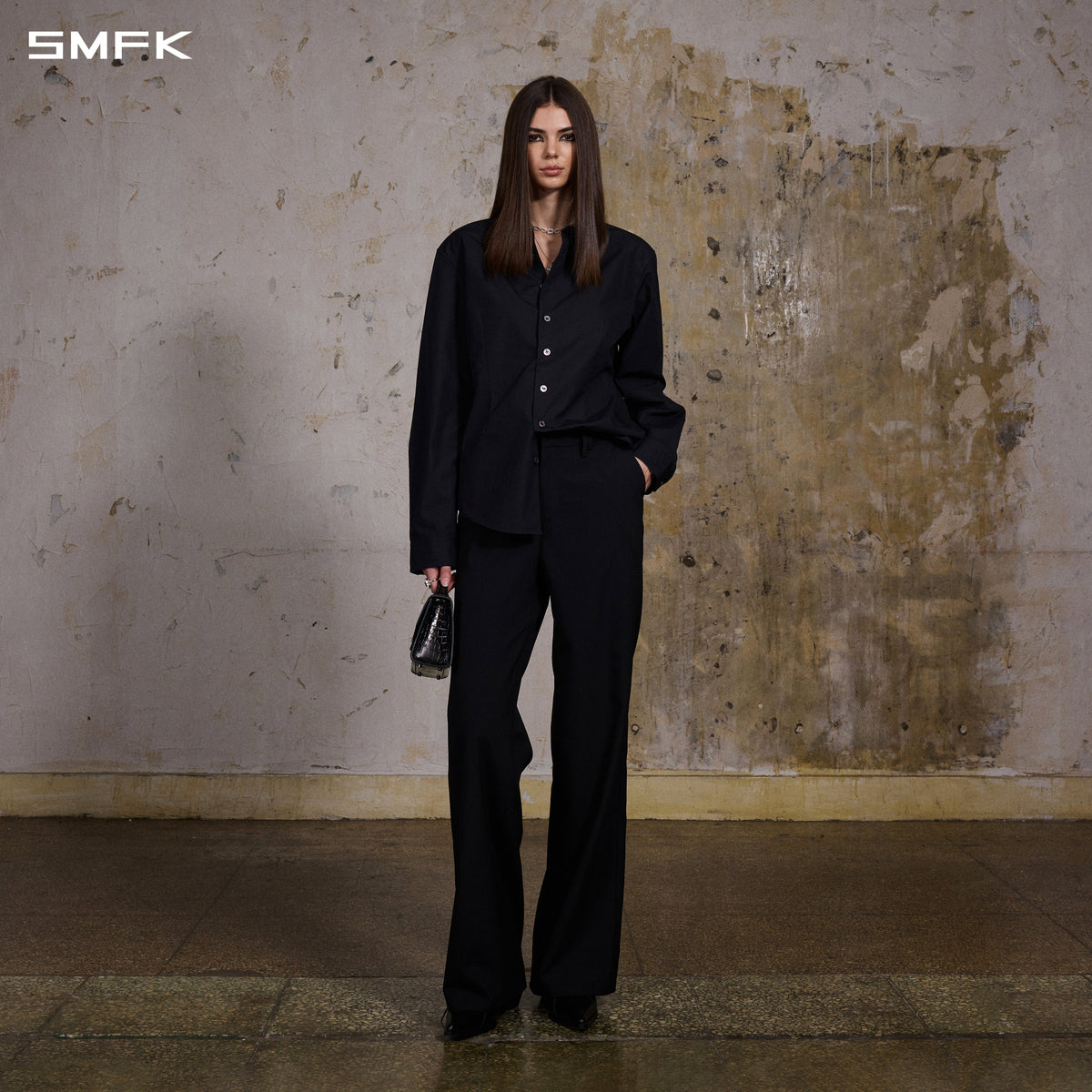 MIRAGE SIREN MIST LOOSE FORMAL PANTS/POLYESTER + WOOL/W MIDNIGHT BLACK