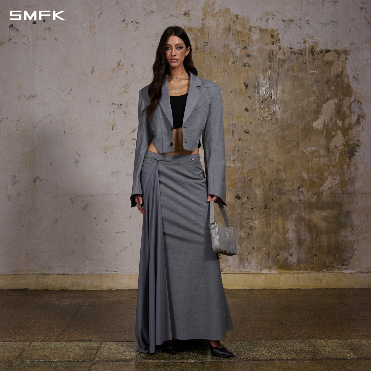 PERMANENT PRISM CAPE FORMAL MERMAID SKIRT/POLYESTER + VISCOSE + WOOL GLACIER GREY