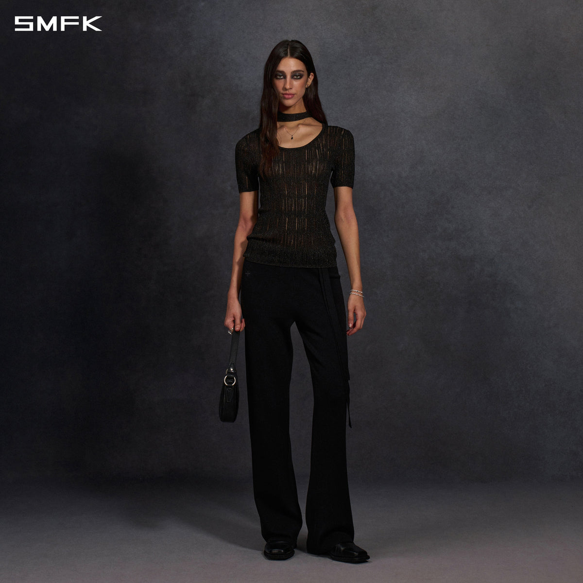 MYTH AEOLUS AURORA EVENING SLIM COLLAR KNIT TEE/METALLIC YARN AURORA BLACK