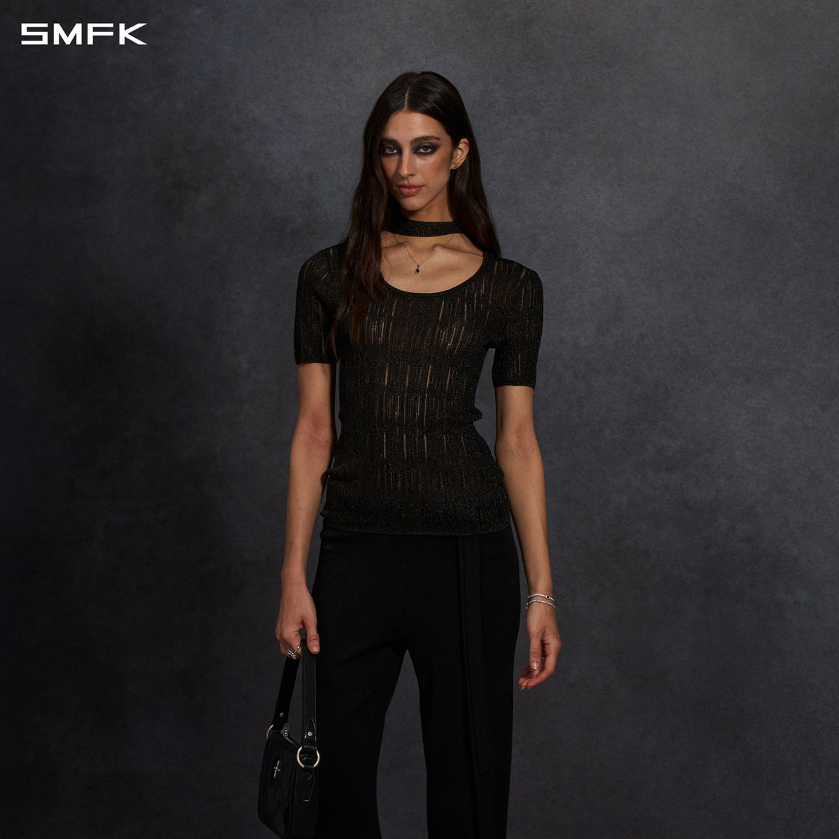 MYTH AEOLUS AURORA EVENING SLIM COLLAR KNIT TEE/METALLIC YARN AURORA BLACK