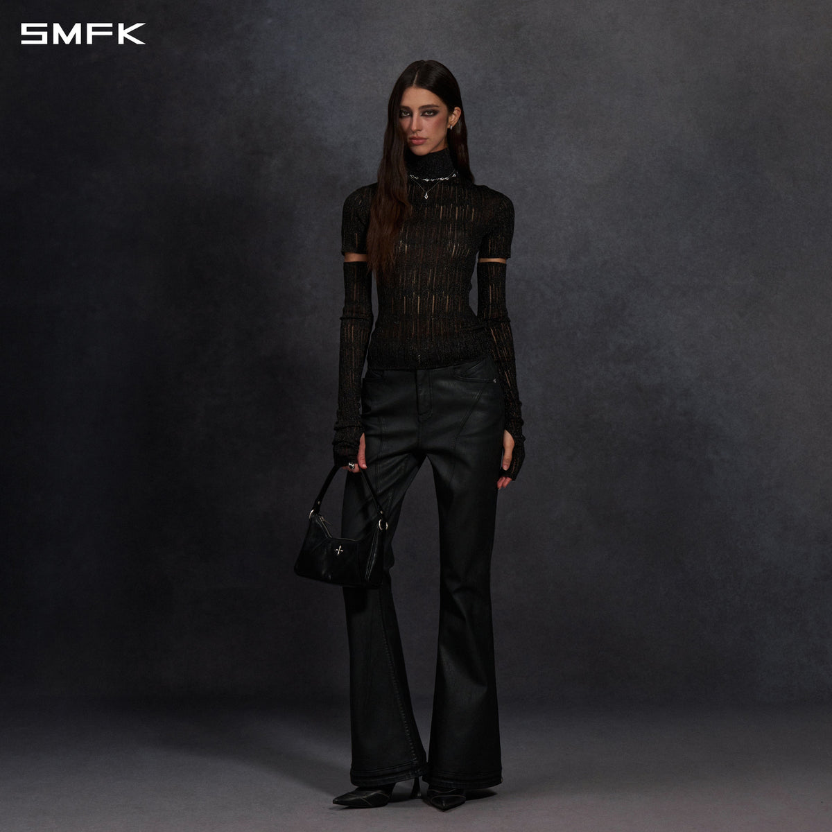 MYTH SIREN AURORA EVENING SLIM HIGH COLLAR KNIT TEE/METALLIC YARN AURORA BLACK