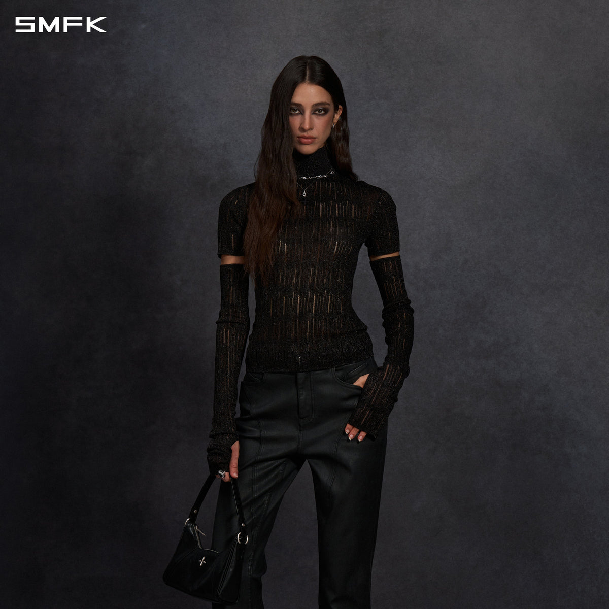 MYTH SIREN AURORA EVENING SLIM HIGH COLLAR KNIT TEE/METALLIC YARN AURORA BLACK