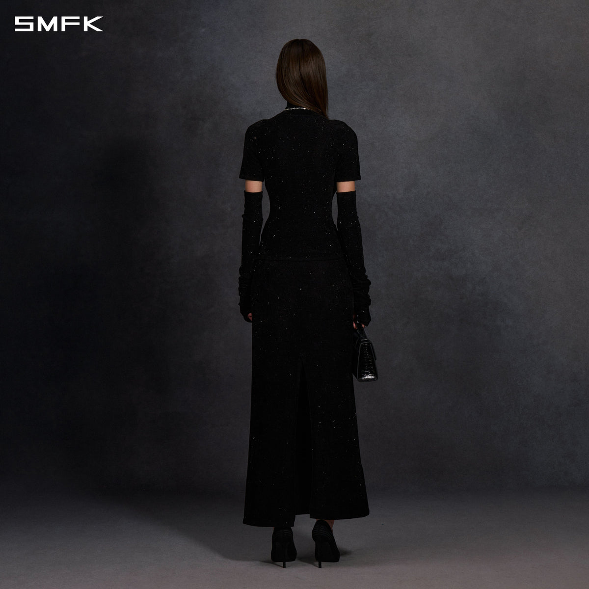 MYTH SIREN GALAXY EVENING SLIM HIGH COLLAR KNIT TEE/STARRY VELVET GALAXY BLACK