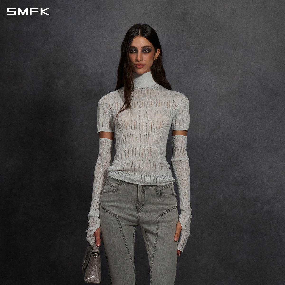 MYTH SIREN AURORA EVENING SLIM HIGH COLLAR KNIT TEE/METALLIC YARN AURORA SLIVER
