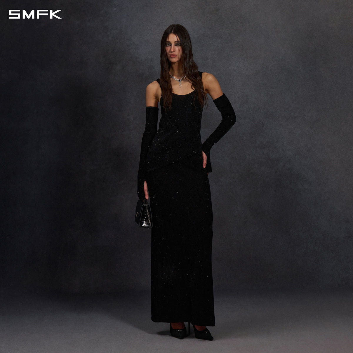 MYTH SIREN EVENING ASYMMETRIC KNIT VEST/STARRY VELVET GALAXY BLACK