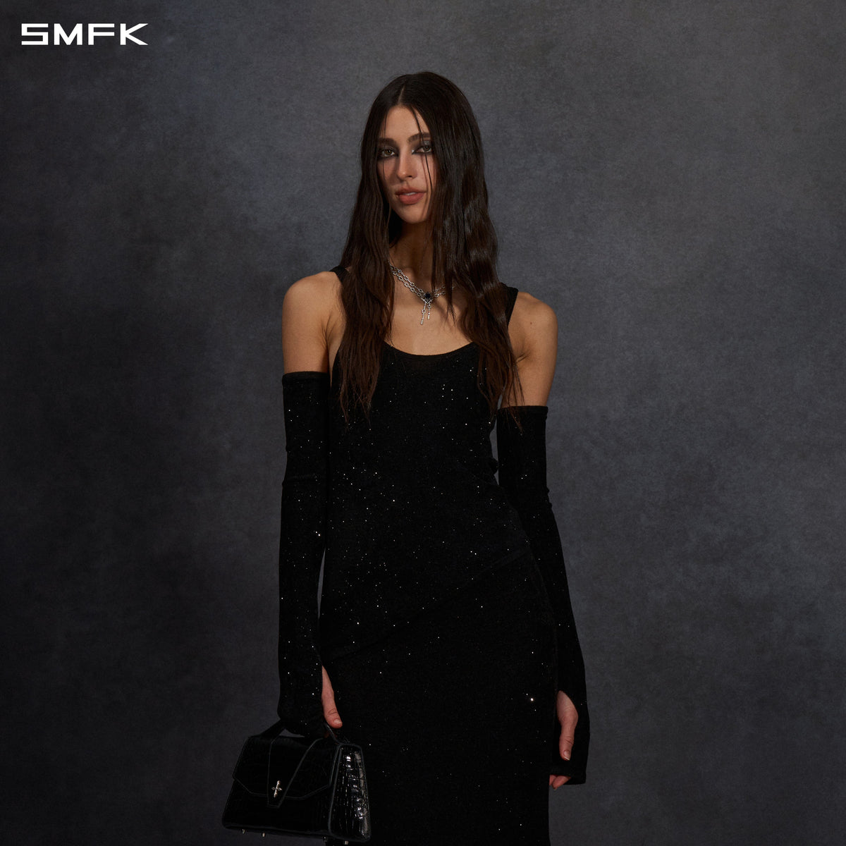 MYTH SIREN EVENING ASYMMETRIC KNIT VEST/STARRY VELVET GALAXY BLACK