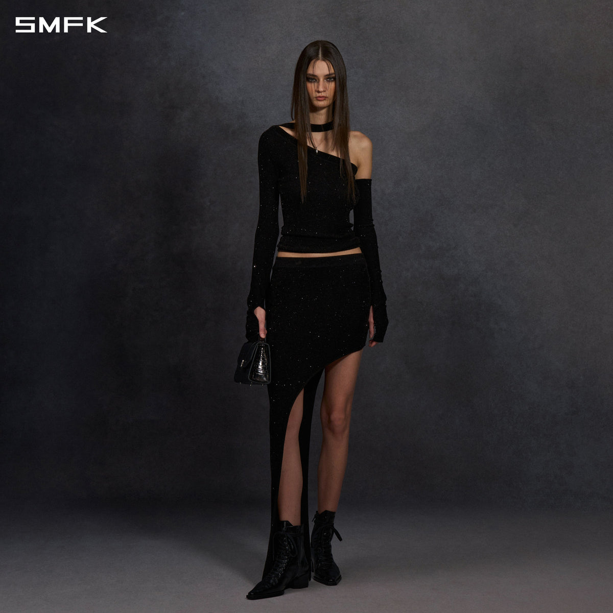 MYTH SIREN ONE-SHOULDER EVENING KNIT PULLOVER/STARRY VELVET GALAXY BLACK