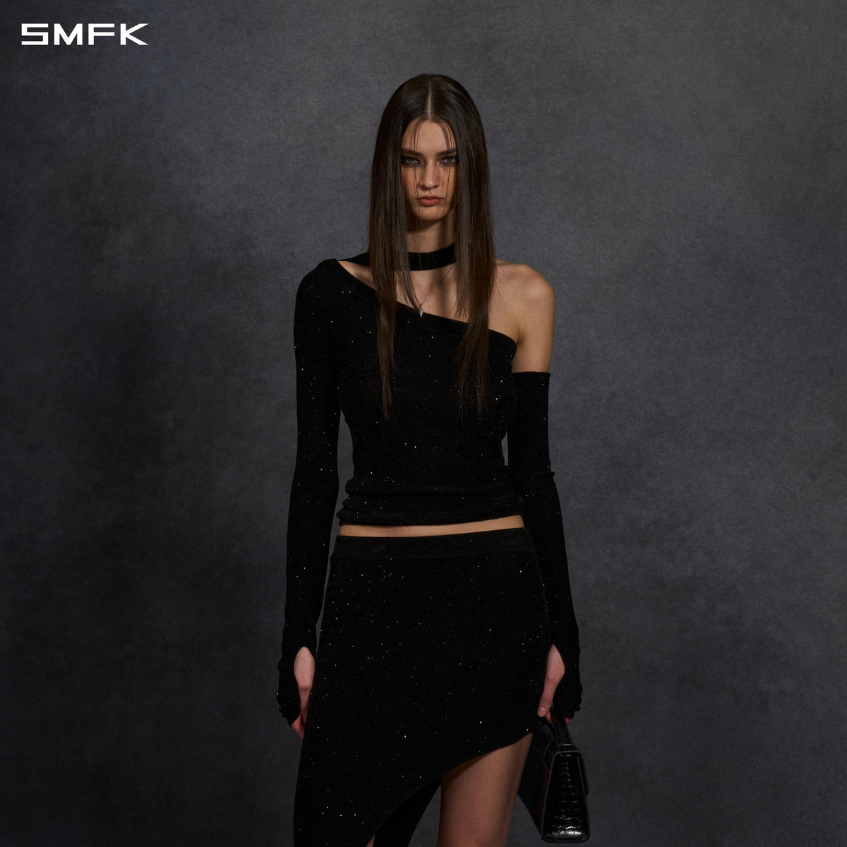 MYTH SIREN ONE-SHOULDER EVENING KNIT PULLOVER/STARRY VELVET GALAXY BLACK