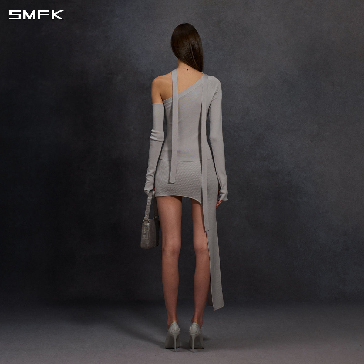 MYTH SIREN ONE-SHOULDER EVENING KNIT PULLOVER/LENZING TENCEL+SILK+COTTON GLACIER GREY