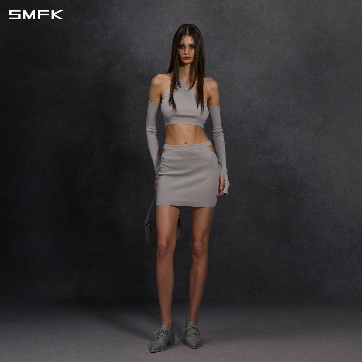 MYTH SIREN ONE-SHOULDER EVENING KNIT VEST/LENZING TENCEL+SILK+COTTON GLACIER GREY