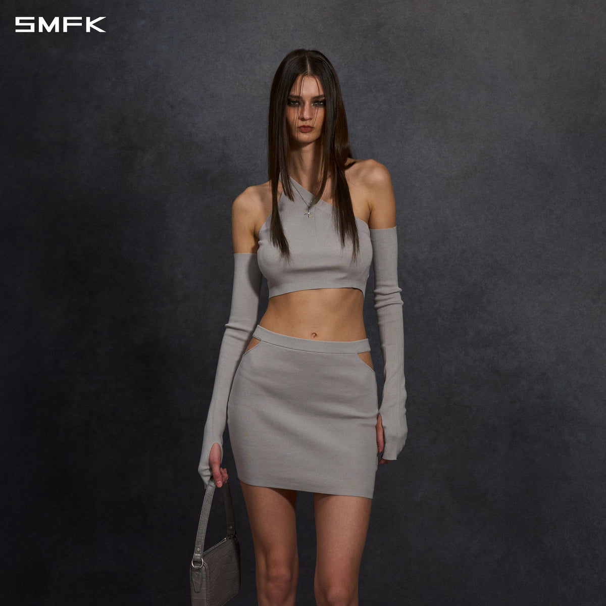 MYTH SIREN ONE-SHOULDER EVENING KNIT VEST/LENZING TENCEL+SILK+COTTON GLACIER GREY