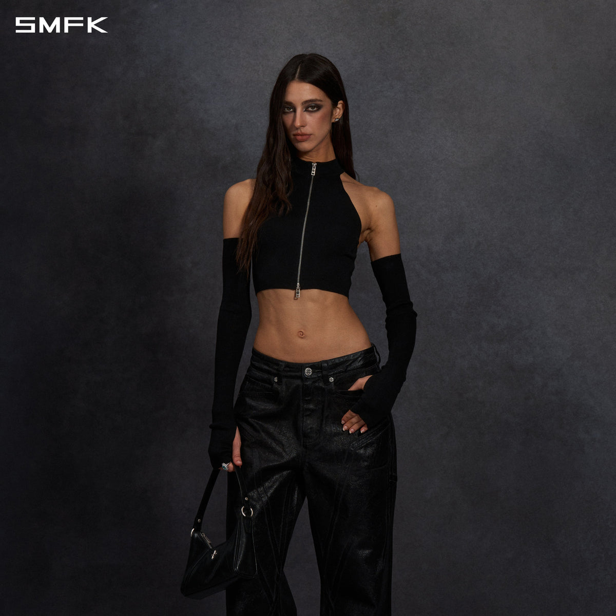 MYTH SIREN HIGH COLLAR ZIP KNIT VEST/LENZING TENCEL+SILK+COTTON WILD BLACK