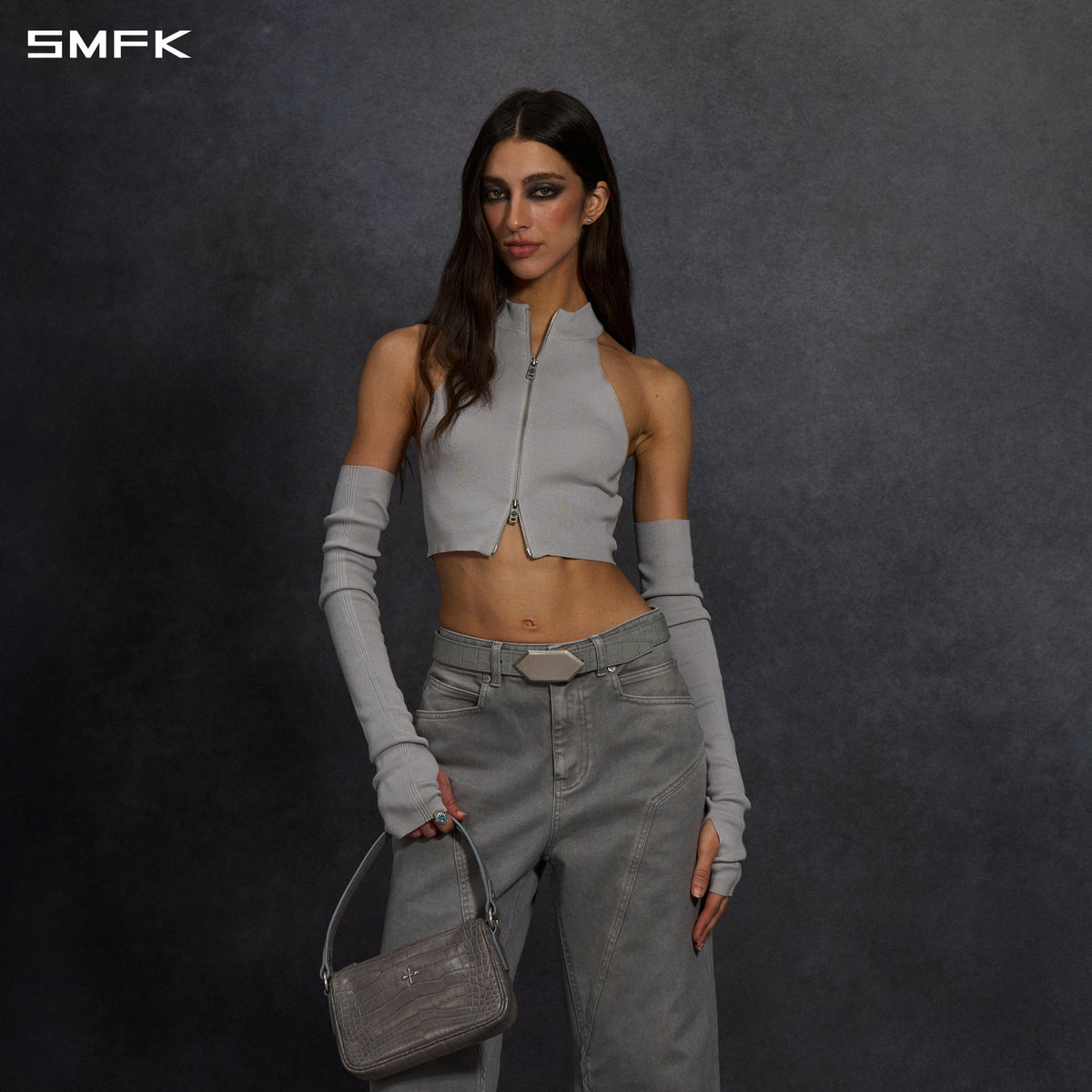 MYTH SIREN HIGH COLLAR ZIP KNIT VEST/LENZING TENCEL+SILK+COTTON GLACIER GREY