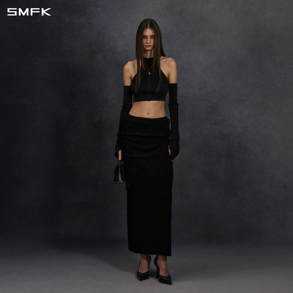 MYTH SIREN HIGH COLLAR RAGLAN KNIT VEST/SILK+LENZING TENCEL+COTTON WILD BLACK