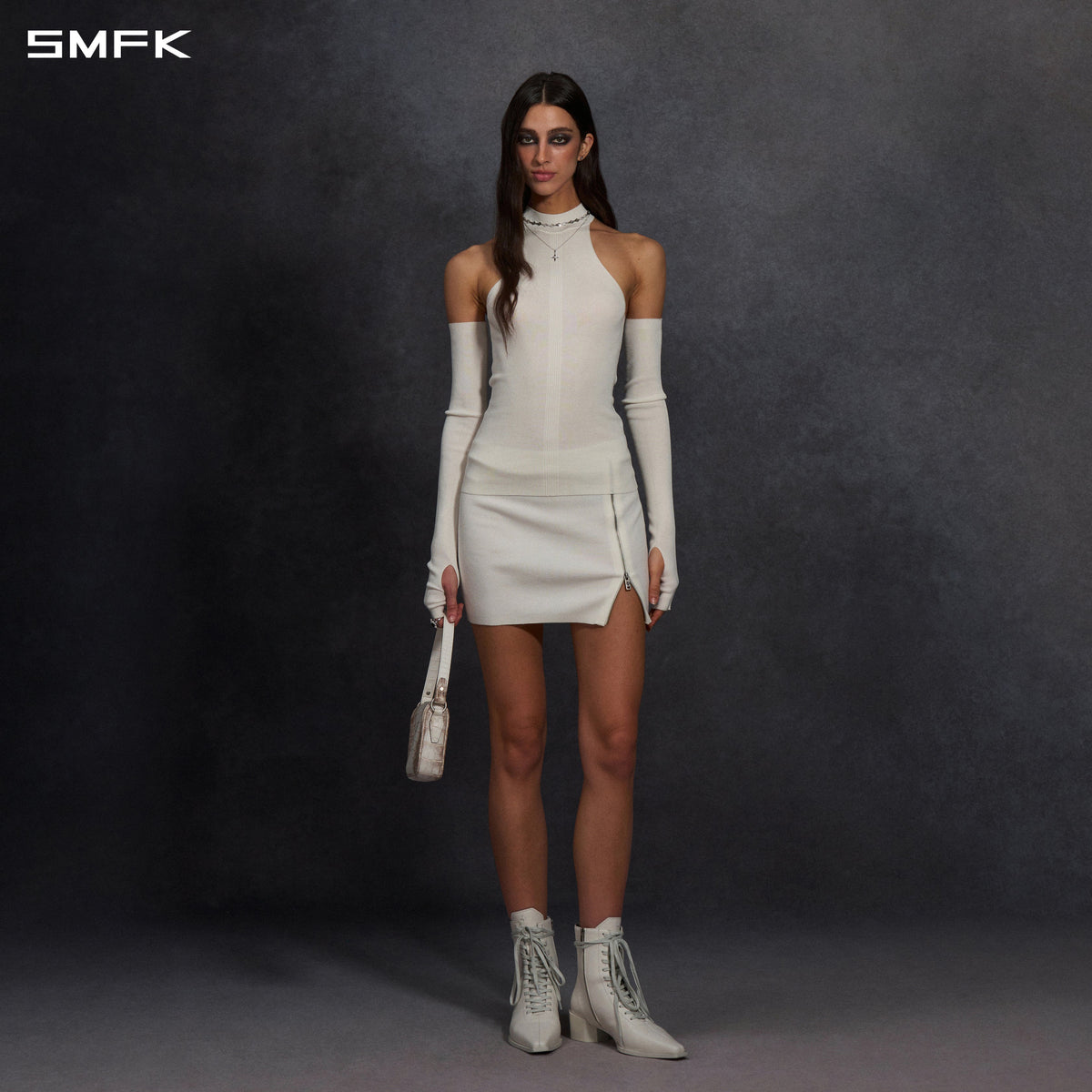 MYTH SIREN HIGH COLLAR RAGLAN KNIT VEST/SILK+LENZING TENCEL+COTTON CLOUD WHITE