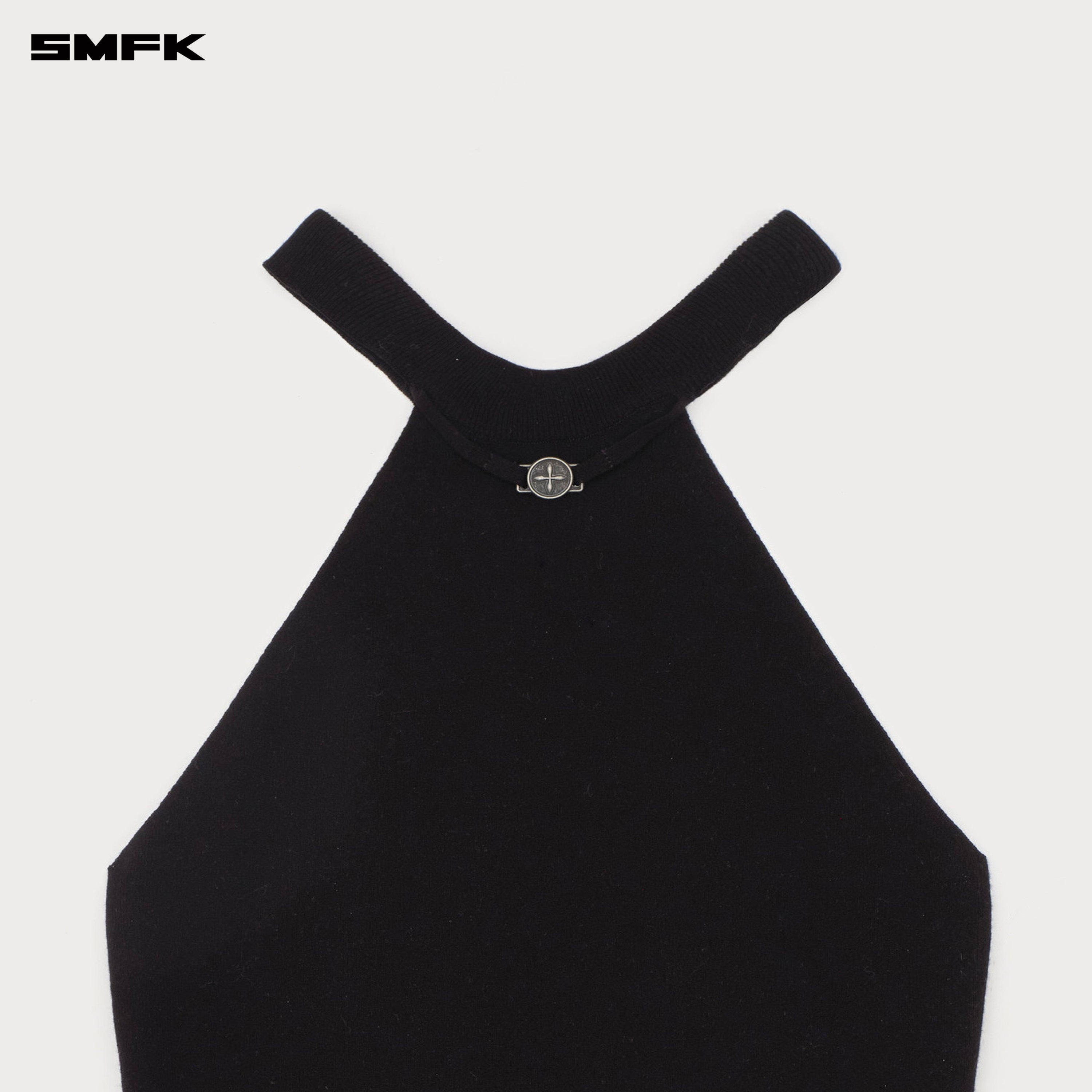 Compass Badge Necklace Off-shoulder Knit Tank Top Wild Black