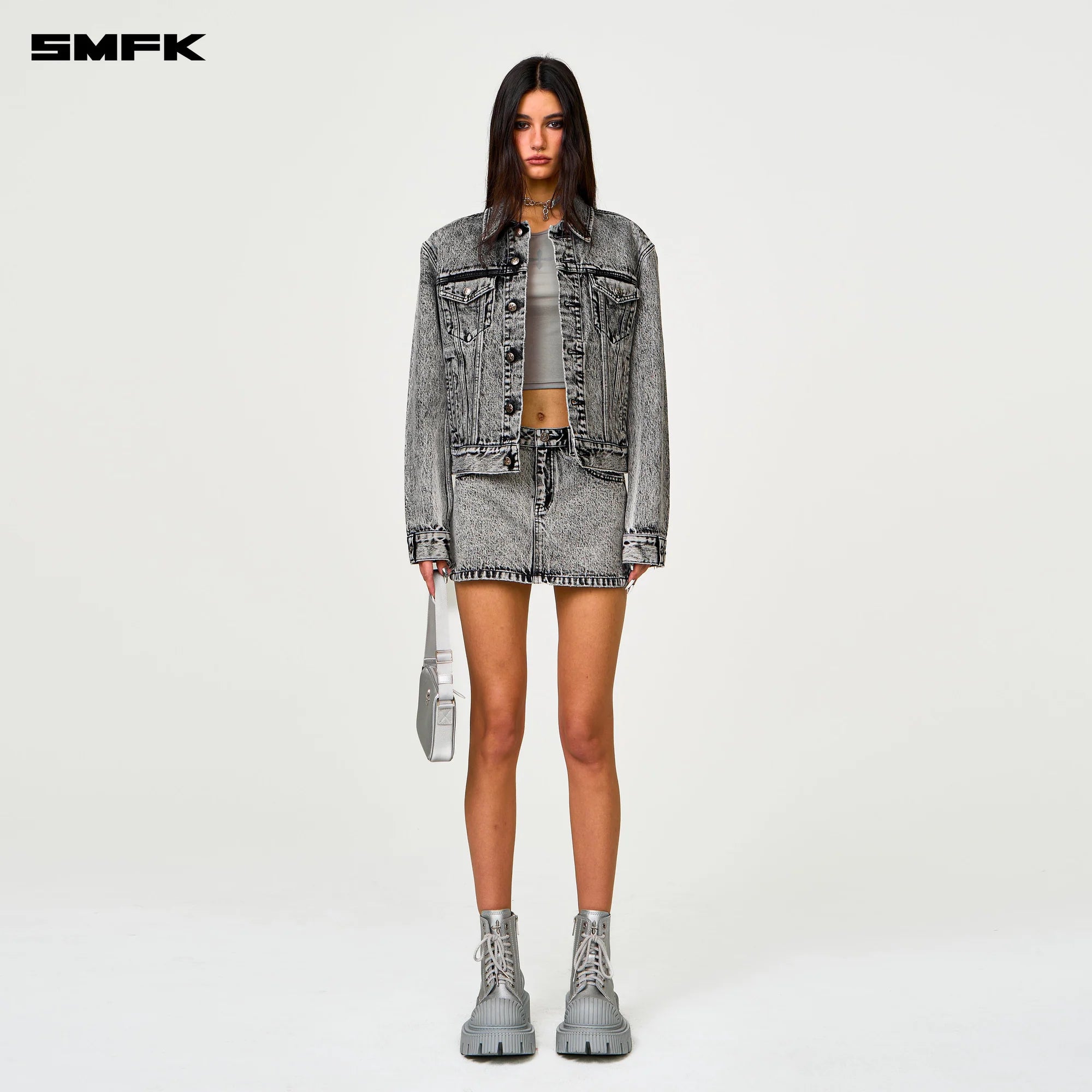 COMPASS CROSS CLASSIC CUT-OFF DENIM SKIRT IN GRAY