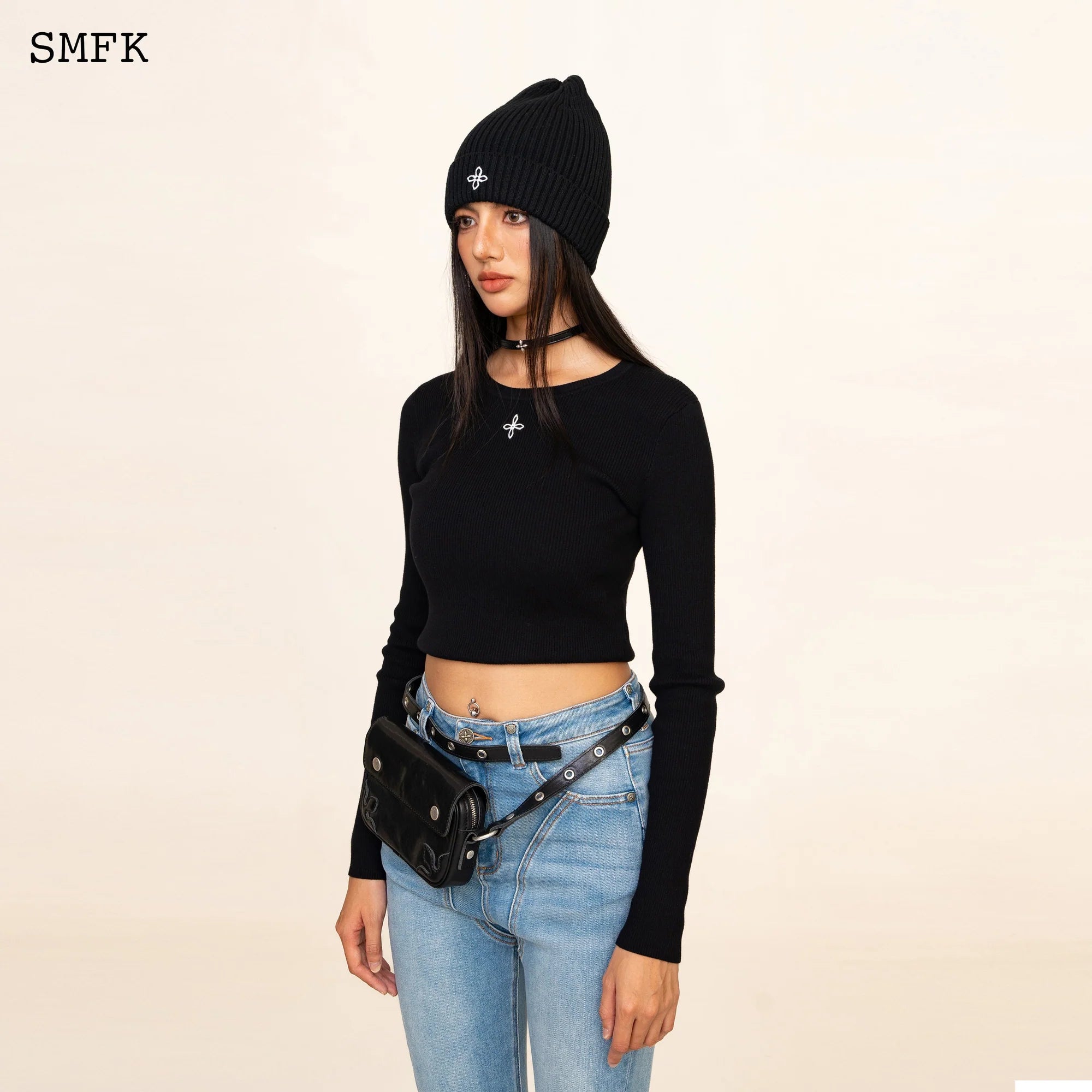 COMPASS CROSS COTTON BEANIE HAT IN BLACK