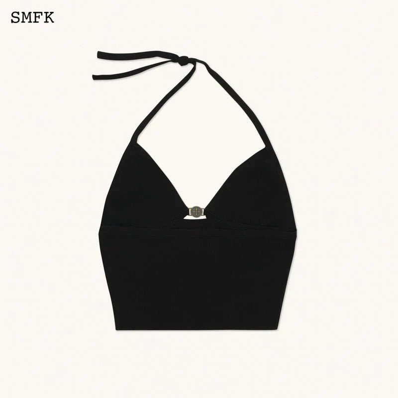 COMPASS CROSS KNITTED HALTER-NECK TOP BLACK