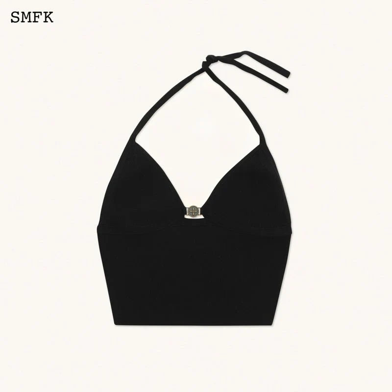 COMPASS CROSS KNITTED HALTER-NECK TOP BLACK