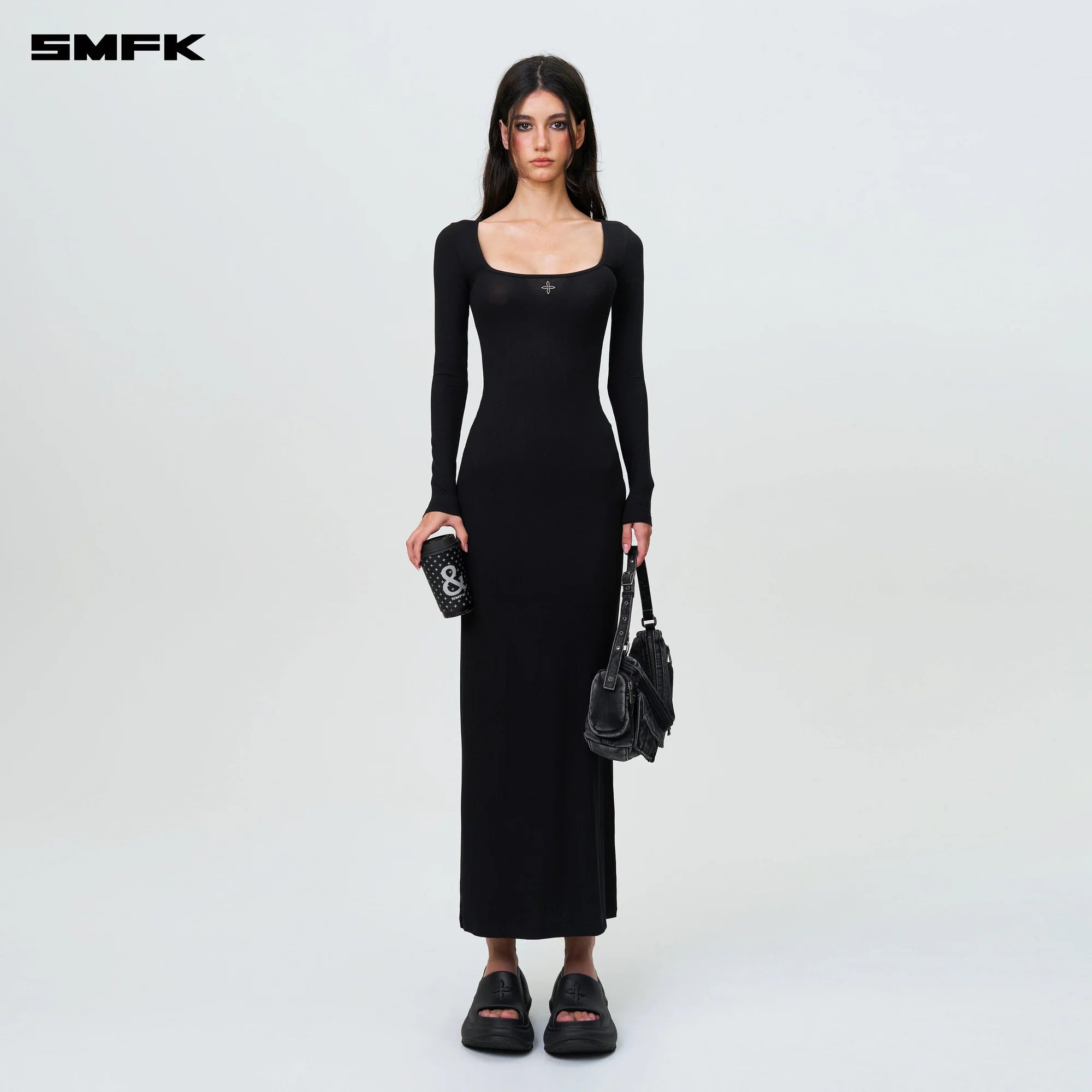 COMPASS HUG SKIN ONE-PIECE LONG DRESS BLACK