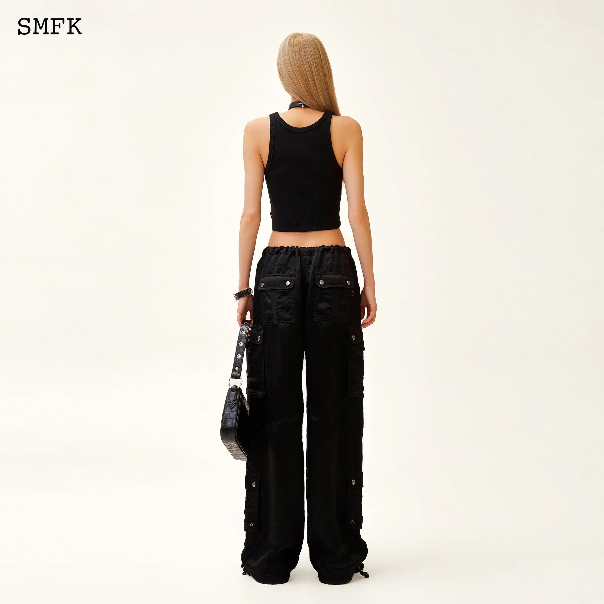 SMFK COMPASS JADE SATIN RETRO PARATROOPER PANTS BLACK