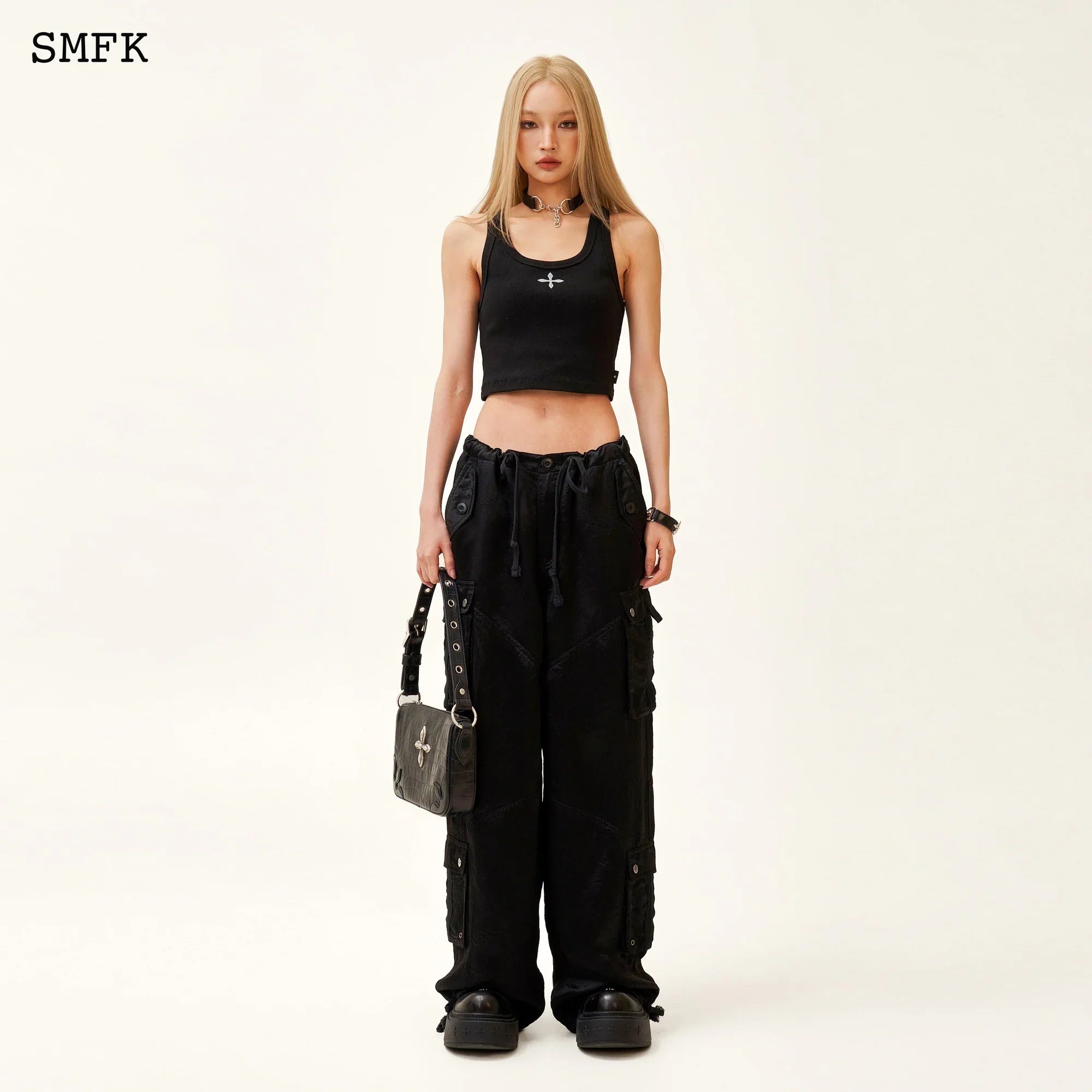 SMFK COMPASS JADE SATIN RETRO PARATROOPER PANTS BLACK