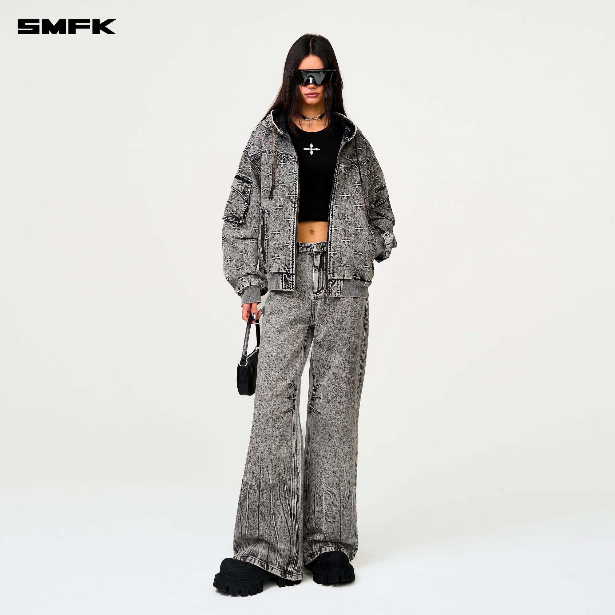 COMPASS STORM GARDEN OVERSIZE DENIM HOODIE GRAY