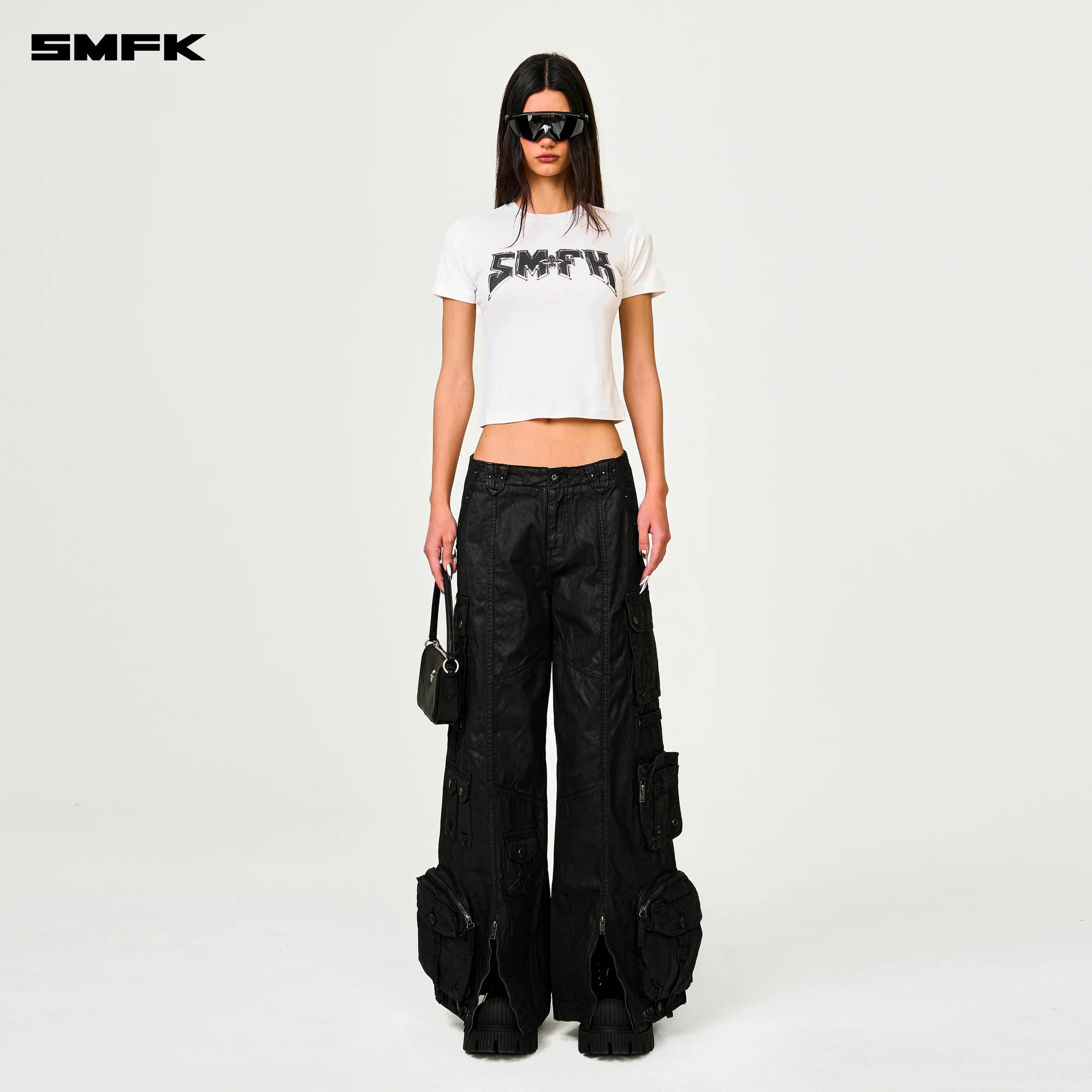 COMPASS WILD CYBER MUSTANG WAXED WIDE-LEG PANTS IN BLACK