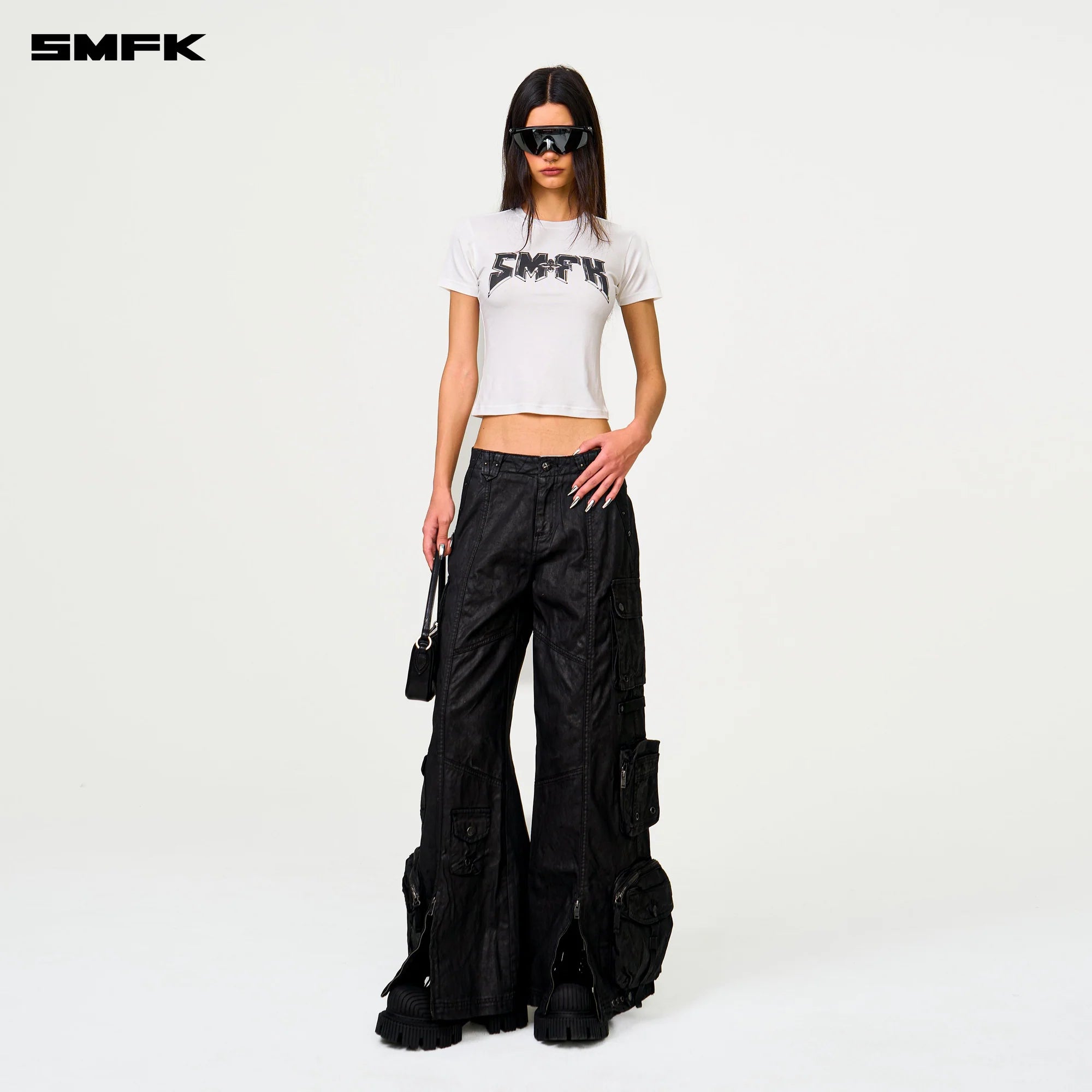 COMPASS WILD CYBER MUSTANG WAXED WIDE-LEG PANTS IN BLACK