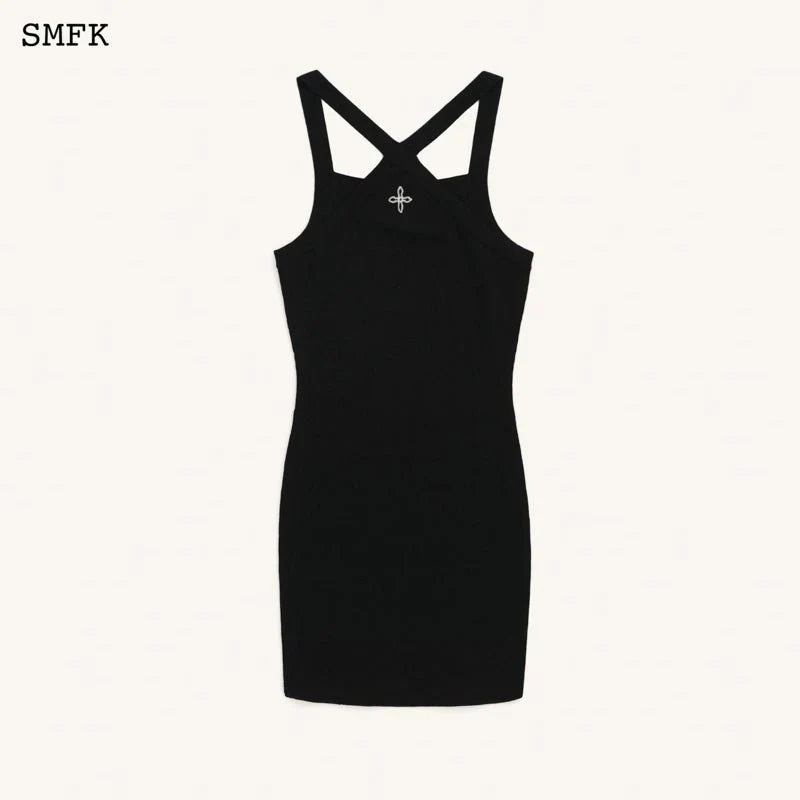SMFK TEMPLE DRAGON TRADITIONAL HALTER-NECK KNITTED DRESS BLACK