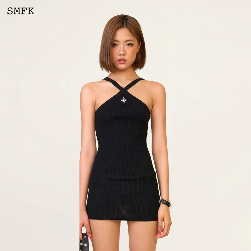 SMFK TEMPLE DRAGON TRADITIONAL HALTER-NECK KNITTED DRESS BLACK
