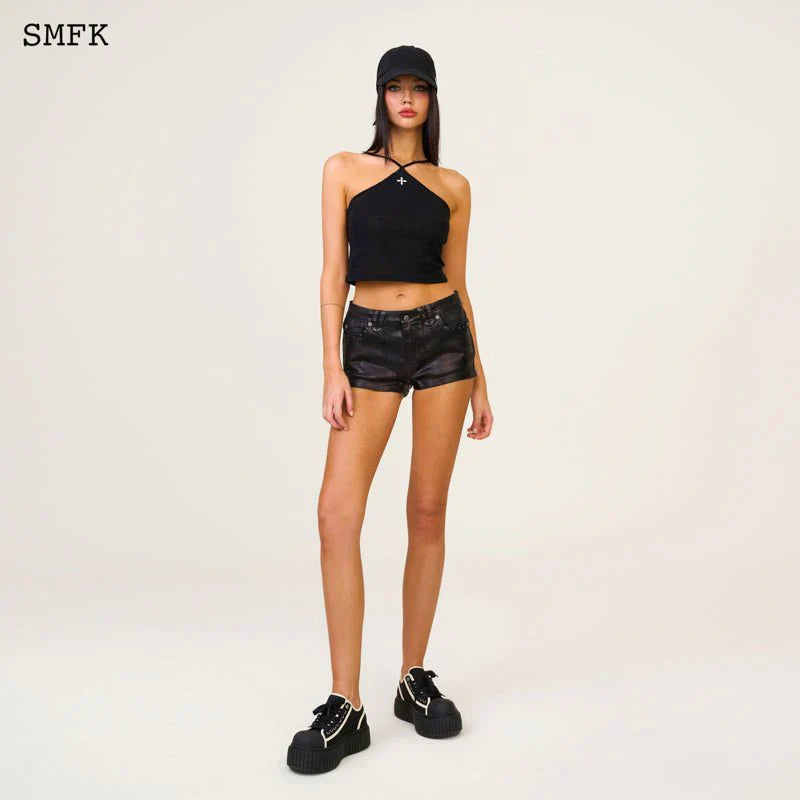 TEMPLE TRADITIONAL BLACK KNITTED CROSS SLING TOP